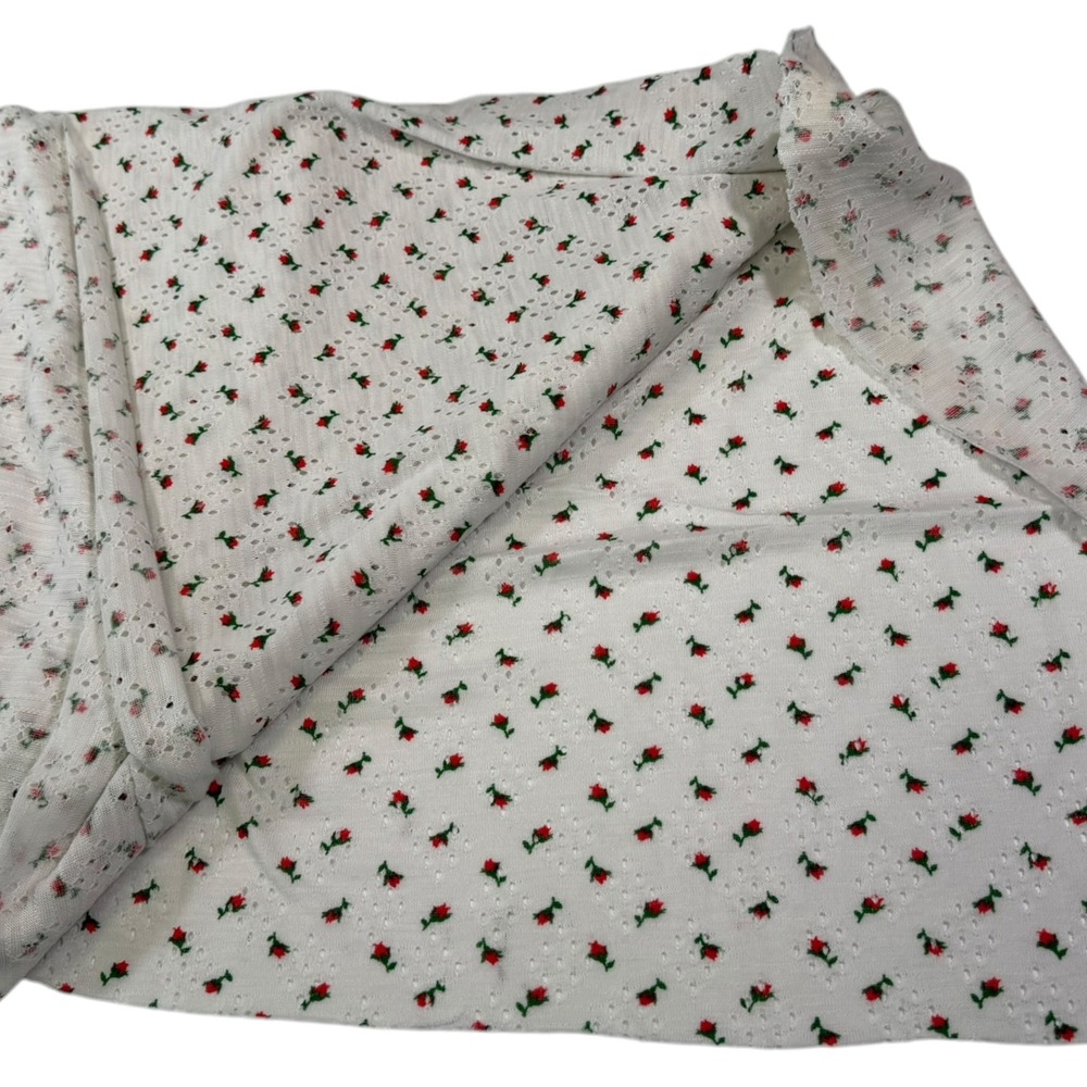 60x58" White Red Rose Floral Pointelle Knit Fabric Eyelet Coquette Cottagecore